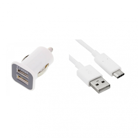 Prise allume-cigare 2 ports USB + câble USB-C Blanc
