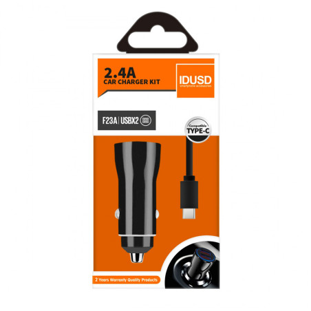 Prise allume-cigare 2 ports USB + câble USB-C Noir - IDUSD