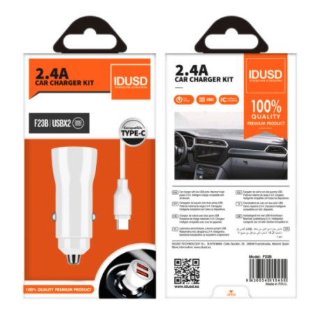 Kit prise allume-cigare 2 ports USB + câble USB-C Blanc - IDUSD