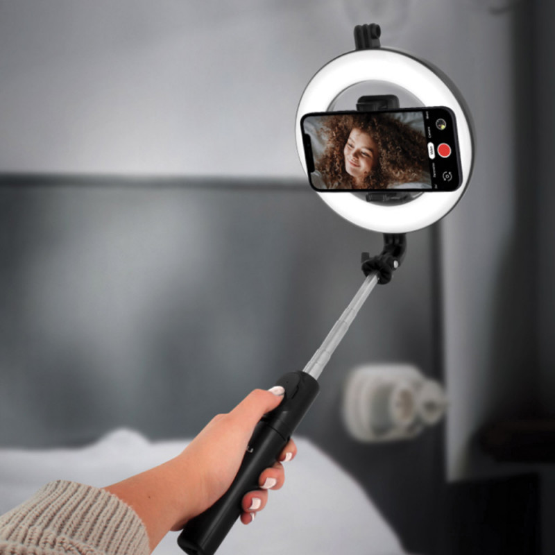 Perche à selfie avec anneau LED + trépied