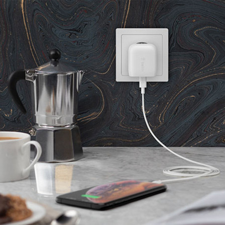 Prise secteur USB-C 20W + câble USB-C vers lightning blanc Belkin