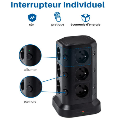 Tour multiprise 12 prises (4000W - 16A) + 6 ports USB 2m noir