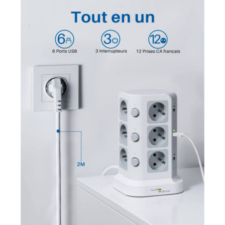 Tour multiprise 12 prises (4000W - 16A) + 6 ports USB 2m blanc