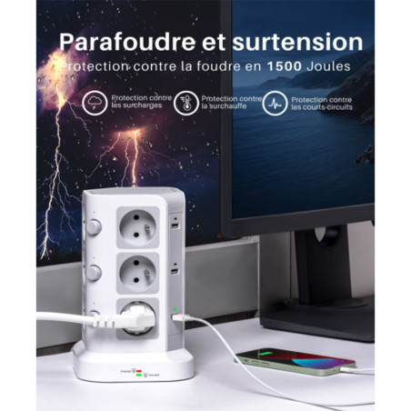 Tour multiprise 12 prises (4000W - 16A) + 6 ports USB 2m blanc