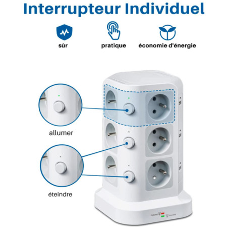 Tour multiprise 12 prises (4000W - 16A) + 6 ports USB 2m blanc