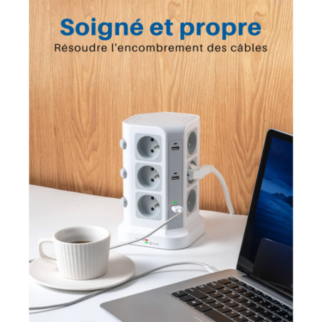 Tour multiprise 12 prises (4000W - 16A) + 6 ports USB 2m blanc