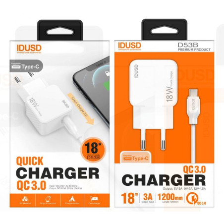 Pack chargeur USB-C Blanc 3A 18W - IDUSD