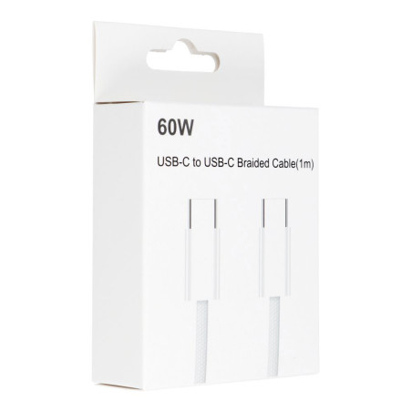 Câble tressé USB-C vers USB-C 60W blanc 1m avec packaging