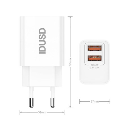 Prise secteur USB 2 ports 12W 2.4A - IDUSD