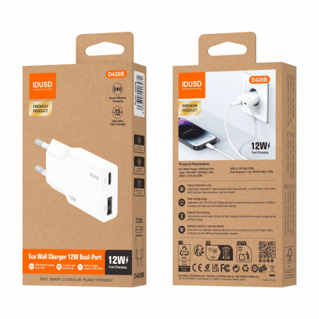 Prise secteur 2 ports USB / USB-C 12W - IDUSD