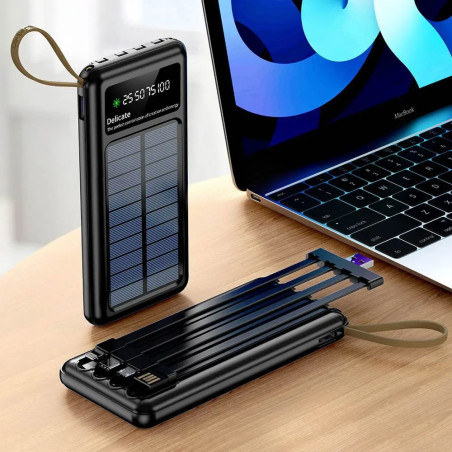 Batterie Externe Power Bank Solaire 10000 mah + câbles intégrés