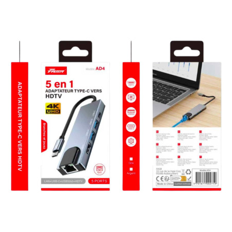 Adaptateur Multifonction 5-en-1 Type-C vers LAN / HDTV / USB 3.0 / Type-C - FASR AD4