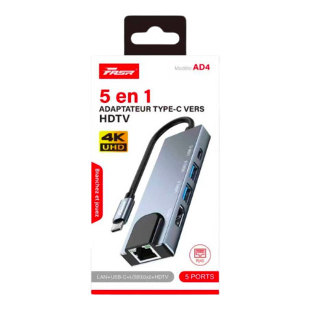 Adaptateur Multifonction 5-en-1 Type-C vers LAN / HDTV / USB 3.0 / Type-C - FASR AD4